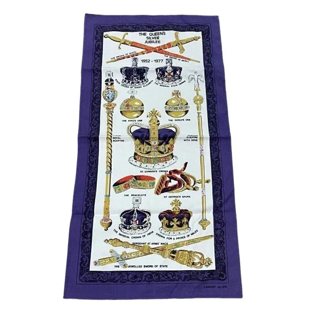 Vintage 1977 Lamont The Queen's Silver Jubilee Purple Cotton Tea Towel 29 x 14